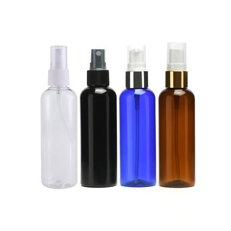 Boş ince sis PET 30ml 50ml 100ml 120ml 150ml 200ml 250ml 500ml amber beyaz şeffaf plastik sprey şişesi kozmetik ambalaj