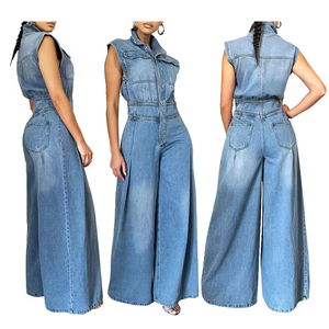Tuta in Denim Casual ampia aderente da <span class=keywords><strong>donna</strong></span> pantaloni alti a gamba larga con colletto in piedi con bottone tinta unita pantaloni <span class=keywords><strong>Cargo</strong></span> estivi - Product Image 1