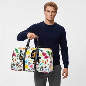 <b>White</b> Canvas Graffiti Print Duffel <b>Bag</b> <b>Leather</b> Handles Zipper Travel Weekender - Product Image 6