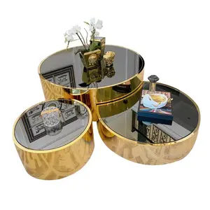 Hot Sale Modern Luxury Living Room Furniture Round Glass Coffee Table Set Matte Gold Stainless Steel Frame