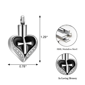 Collar con colgante de urna en forma de cruz de corazón de acero inoxidable con circonita, recuerdo conmemorativo, kit de embudo para servicios funerarios budistas - Product Image 6