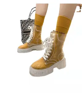 Transparent Platform Boots PVC Jelly Shoes Women Lace-Up Candy Color Sock Rain Boots for Ladies