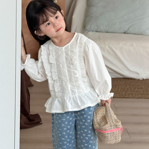 Camicetta dolce in cotone a maniche lunghe con pizzo in stile coreano per bambine, abbigliamento casual primaverile per tutti i giorni - Product Image 1