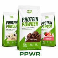 Sachet d'emballage personnalisé PPWR blanc et vert pour poudre protéinée avec votre logo, pochette à fond plat pour une nutrition saine et un fitness optimal