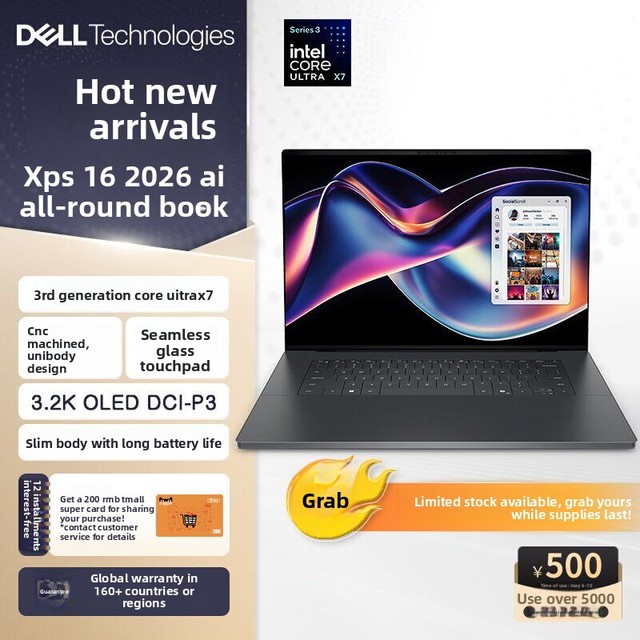 For XPS16 2026 New AI Business Ultra-Thin All-Round Laptop Intel Core Ultra X7 16GB 1TB 3.2K OLED Touch 120Hz SSD