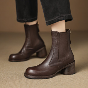 Chaussure unique artisanale durable en cuir véritable, imperméable, à semelle souple et antidérapante, avec grande boucle de ceinture rétro, à talon unique et bout rond, toutes saisons - Product Image 6