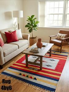 Multicolor Tribal Stripe Cotton <b>Rug</b> 4x6 Handmade Carpet with Tassels <b>Boho</b> Floor Mat Living Room Decor - Product Image 2