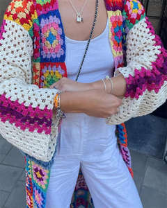 Otoño nuevo Retro hecho <span class=keywords><strong>a</strong></span> mano abuela patrón ganchillo hueco medio largo tejido cárdigan suéter de mujer - Product Image 5