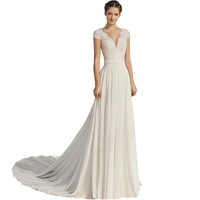 Robe de mariée LY-WD0221, robe de mariée, jupe de mariée, en mousseline de soie, dentelle, col en V, manches courtes, traîne brossée, élégante, blanc ivoire