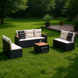 Conjunto de Sofás Modulares para Exteriores, Ratán Sintético Negro, Muebles de Jardín, Cojines de Espuma de Alta Densidad, Diseño Contemporáneo - Product Image 2