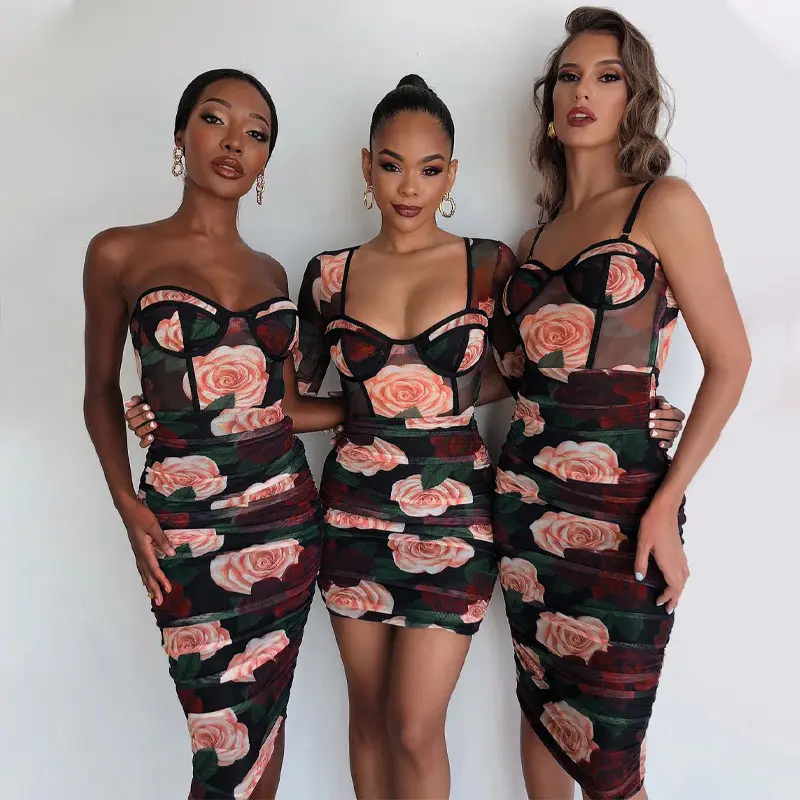 Robe mi-longue moulante Sexy à imprimé Floral pour femme, vêtements tendance, collection printemps-été 2023