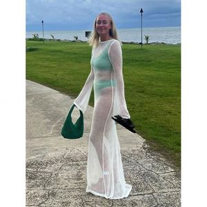 Maxi vestito Sexy tagliato senza schienale lavorato a maglia all'uncinetto abiti eleganti per le vacanze abiti lunghi da spiaggia a maniche lunghe da donna - Product Image 5