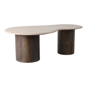Tavolino da Caffè Ovale in Travertino con Base Cilindrica in Legno di Mango, Arredamento Moderno per Soggiorno - Product Image 2