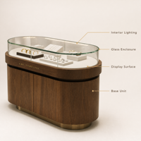 Vitrine de présentation de bijoux ovale sur mesure avec verre incurvé pour les magasins de bijoux en chaîne, taille, couleur, éclairage et matériaux personnalisés