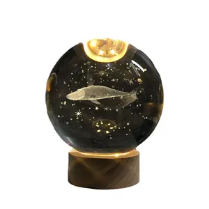 水晶球装饰批发银河系列3D雕刻玻璃夜光实木生日礼物