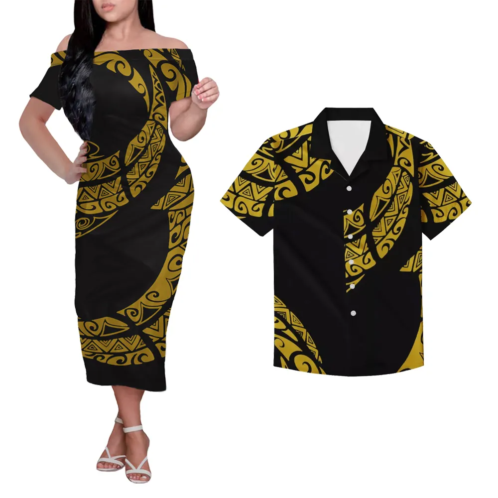 Hot Hawaii Hibiscus Print Cozy Lovers Clothing Custom Polynesian Tribal Casual Women Short Sleeve Dress Men Shirt Couples Suit