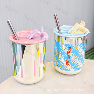 Electroplated Glass Cup With Straw Pink Blue Green Yellow Color Home Office Portable Drinkware Single Cup Cover Included - Product Image 1