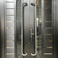 Porte d'entrée moderne pour appartement avec poignée en laiton à design battant, serrure de sécurité extérieure, finition de luxe résistante au vent