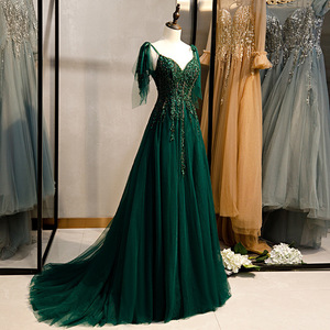 S0971N Nuevo Estilo Vestido de Noche Elegante con Cola Pequeña, Estampado Floral de Encaje, Largo hasta el Suelo, Corte en A, Cola Capilla, para Fiesta y Banquete, Verde Oscuro - Product Image 2