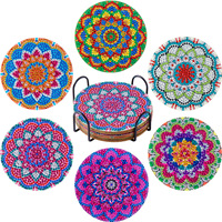 Kit Coaster Seni Berlian DIY 6/8pcs Grosir Kustom, Alas Coaster Minuman Bentuk Khusus Mandala Bunga dengan Dudukan Logam