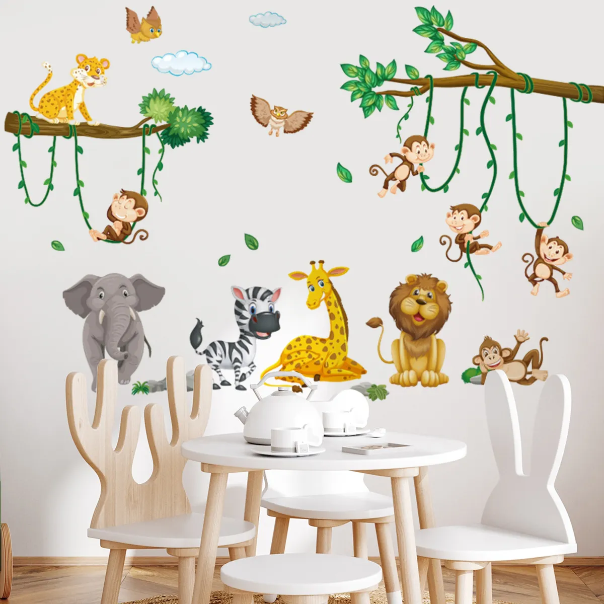 만화 사자 왕 얼룩말 원숭이 벽 스티커 식물 어린이 침실 거실 장식 벽지 자체 접착 스티커