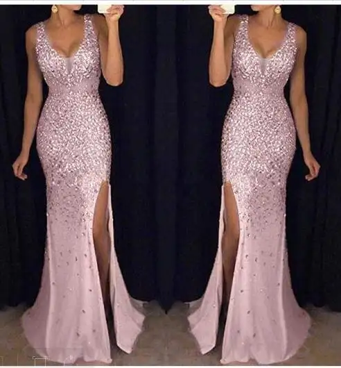 New arrive Plus Size V neck Vestidos Long Evening Slit Gown Prom Dresses Party Sequin Women Evening Wedding Guest Dresses