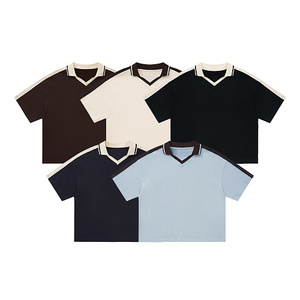 เสื้อโปโลวินเทจ 330 กรัม ผ้าลายวาฟเฟิล แต่งเทปตัดต่อ คอวี สไตล์ลำลอง มี 5 สี  ขั้นต่ำในการสั่งซื้อน้อย รับสั่งทำ - Product Image 1