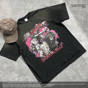 T-shirt unisexe vintage américain rétro en coton 100% 250g, imprimé Jésus noir, streetwear, effet délavé à l'acide - Product Image 2