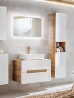 Ensemble de meubles de salle de bain design moderne en bois blanc brillant avec miroir LED et rangement modulaire