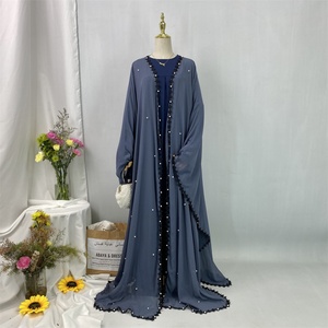 Lightweight Moroccan Chiffon <b>Long</b> <b>Kaftan</b> Dubai Abaya Style With Black Lace White Pearls for Muslim Women 1653# - Product Image 4
