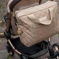 Sac à langer matelassé en toile avec logo personnalisé, revêtement imperméable et sangle de fixation pour poussette