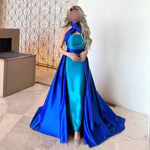 Arabic Royal Blue Contrast Turquoise Evening Dress with Overskirt Cross halter neck Women Wedding Party Dress SF012