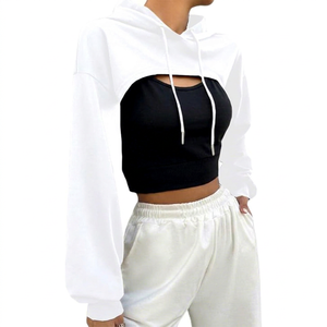 Sudadera con capucha corta blanca de manga regular, color sólido, informal, para otoño, para mujer - Product Image 1