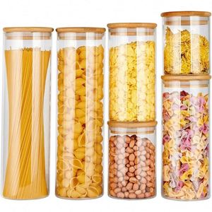 M0583 Eco Friendly 5 Pieces <strong>Jars</strong> Glass Food <strong>Container</strong> <strong>Set</strong> for Kitchen Storage With Bamboo Lids Safe in Microwavable Oven - Product Image 1