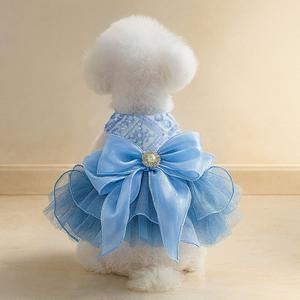 Vestido de Novia para Perro con Lazo Azul, Primavera Verano, Poliéster Estampado, Lindo - Product Image 2