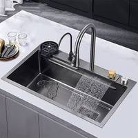 Cuisine de danse de pluie en céramique grise durable à trou unique, robinet à grande cascade coulissant, connexions flexibles pour la chambre à coucher