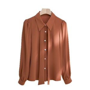 Women's White Ribbon Bow Blouse Solid Color Chiffon Office Wear Long Sleeve Formal Shirt - Product Image 5