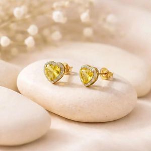 Handcrafted Lemon Quartz Heart <b>Stud</b> <b>Earrings</b> With CZ Halo Natural Yellow Gemstone In 925 Sterling <b>Silver</b> Or 18K Gold Filled - Product Image 6