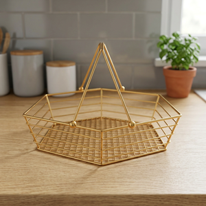 SAFA INTERNATIONAL <b>Gold</b> Wire <b>Storage</b> <b>Basket</b> Polygon Shape Handles Minimalist Design Stainless Steel Mesh Single Tier - Product Image 1