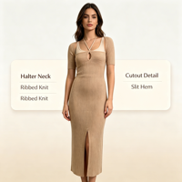 Robe en maille côtelée rose fendue à manches courtes pour femme, qualité supérieure, sur mesure OEM & ODM, vente en gros - Ashley Madi