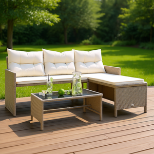 Conjunto de sofás de patio en forma de L de ratán sintético con mesa y cojines, muebles de exterior para 6 personas, diseño moderno, color beige - Product Image 2