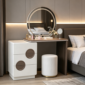 Ensemble de coiffeuse moderne avec miroir LED rond, armoire blanche et tabouret rayé, table de maquillage pour chambre à coucher - Product Image 3