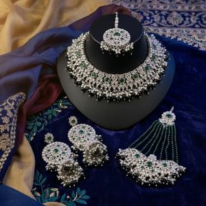 <b>Gold</b> Alloy Pearl Bridal Shadow Choker Necklace <b>Set</b> Earrings Maang Tikka Ethnic Trendy Handmade High Quality Crystal Rhinestone - Product Image 3