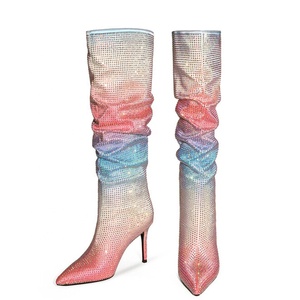 Bottes hautes pour femmes avec strass colorés et diamants mélangés, chaussures sexy à bout pointu et talon aiguille, bottes longues pour femme, grande taille 47, bottines - Product Image 5