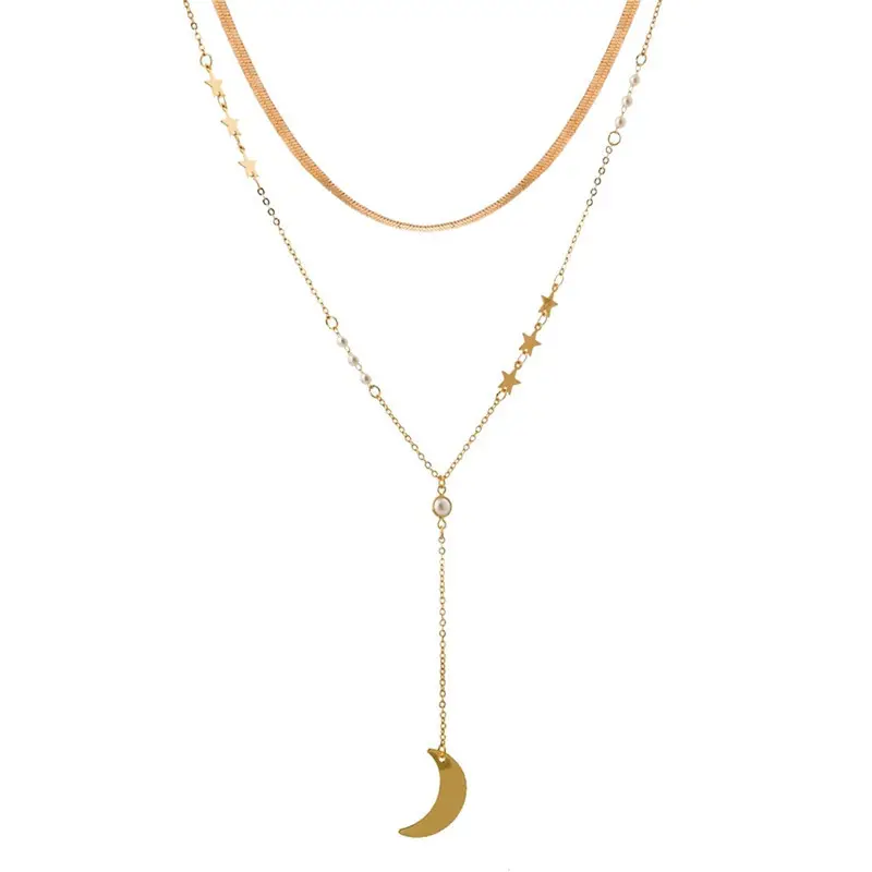 NC-0528 wholesale charm trendy stainless steel long chain pearl necklace rose gold diamond pendant jewelry star moon necklace