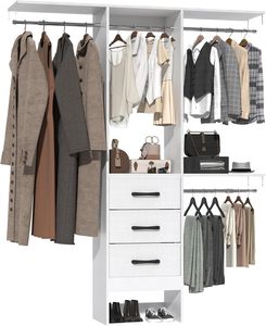 Wall-Mounted Closet Organizer System with 3 Hanging Rods and 3 Drawers Walk-in Wardrobe with <strong>Shelving</strong> for Bedroom Storage - Product Image 4