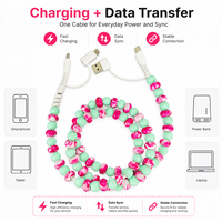 Kabel Pengisi Daya Ponsel 4 in 1 Warna Hijau Mint Pink Motif Marmer Berhias Manik-Manik USB Type C Multi Charging Cable Data Transfer Cord