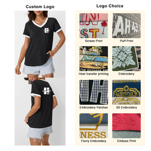T-<span class=keywords><strong>shirt</strong></span> à manches courtes pour <span class=keywords><strong>femme</strong></span>, tendance, personnalisé, uni, broderie, blocs de couleur, 180g, 100% coton, rayé, <span class=keywords><strong>col</strong></span> en <span class=keywords><strong>V</strong></span>, patchwork - Product Image 5