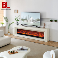 Meuble TV 385SS avec rangement, moderne, blanc, minimaliste, en MDF et bois massif, avec foyer électrique intégré pour téléviseur jusqu'à 65 pouces