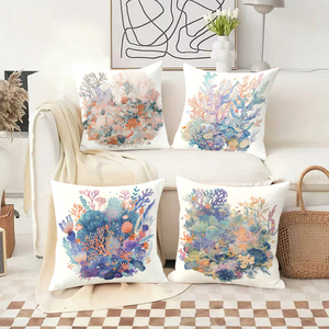 Colorful coral reef throw pillows decorate cozy living room with festive holiday stockings and reindeer antlers - Product Image 2